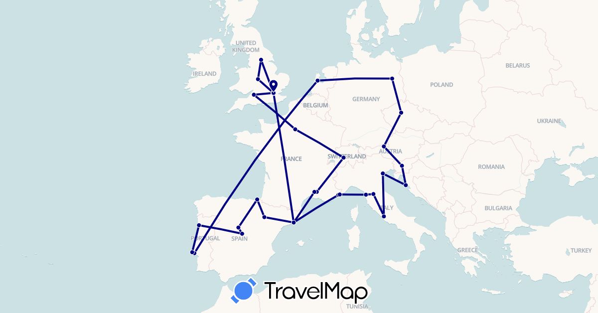 TravelMap itinerary: driving in Austria, Switzerland, Czech Republic, Germany, Spain, France, United Kingdom, Croatia, Italy, Monaco, Netherlands, Portugal, Slovenia, Vatican City (Europe)